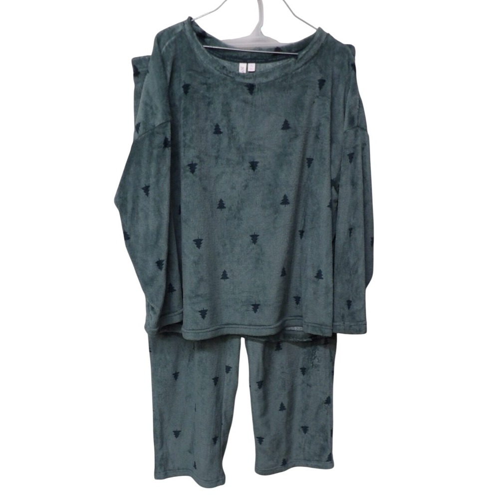 Joyspun Womens XL Pajama Set Fleece Plush Green Pine Tree Print 2 Piece Set